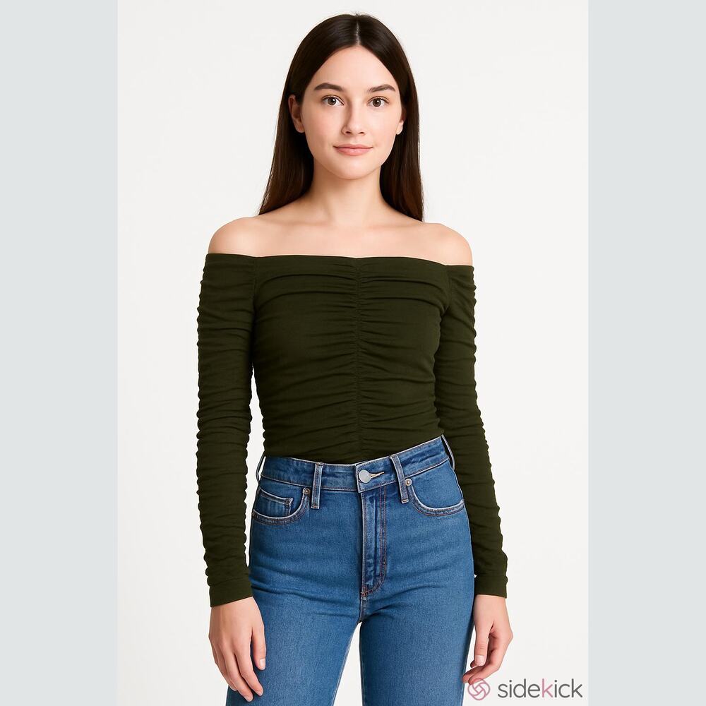 Line & Dot Off Shoulder Top Green Ruched Stretch Bodycon Fitted Sz M Going Out